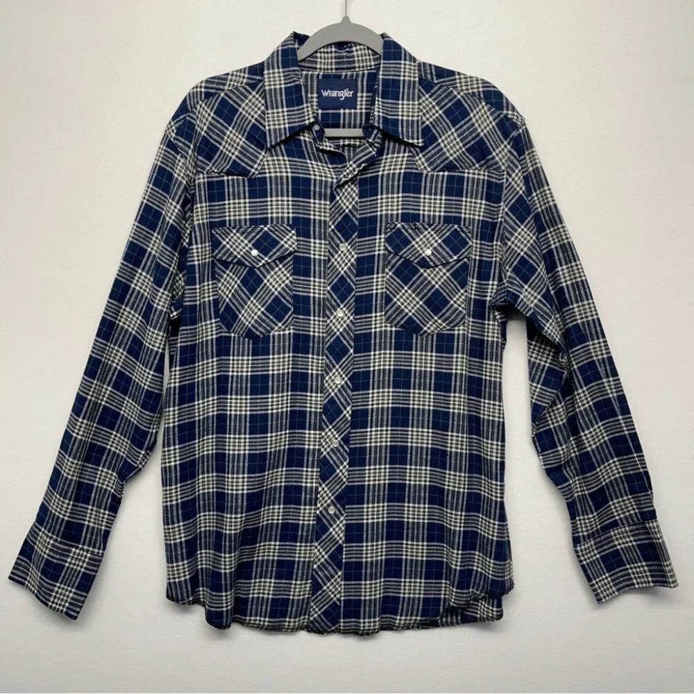 Wrangler L Blue‎ Plaid Check Pearl Snap Western Shirt
